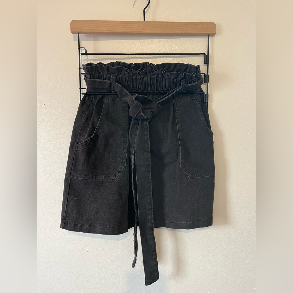 High waisted paperbag black denim skirt